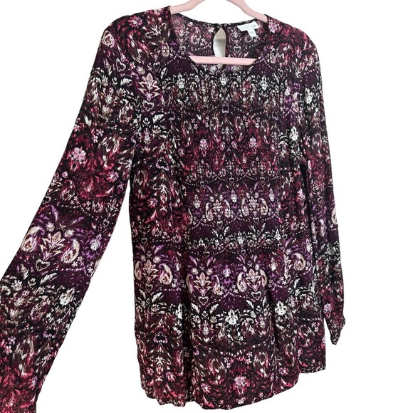 J. Jill Smocked Tunic Blouse Abstract Print Purple Long Sleeve size SMALL - Picture 8 of 9